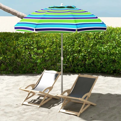 Outsunny Sombrilla de Playa Ø178x205 cm con Reclinación 45° Altura Ajustable Anti-UV Impermeable y Bolsa de Transporte Multicolor