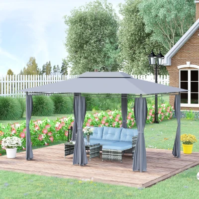 Outsunny Gazebo de Exterior 3x4 m con Paredes Laterales Doble Techo 6 Puertas con Cremallera y 8 Orificios de Drenaje Gris