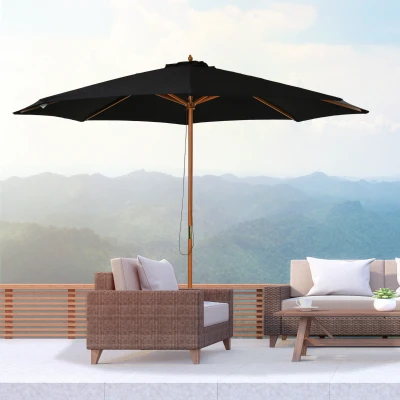 Outsunny Sombrilla Terraza Exterior Ø300 cm Sombrilla de Jardín con Sistema de Polea Techo Ventilado y Poste Desmontable de Madera Parasol para Patio Terraza Negro