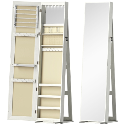 HOMCOM Joalheiro de Pé Armário para Joias com 6 Luzes LED Fechadura Prateleiras Suportes para Anéis 38x38x157 cm Branco e Bege