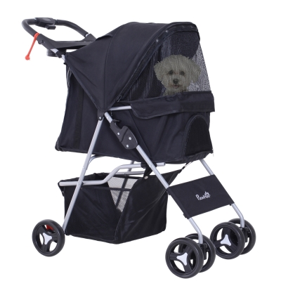 PawHut Carrito para Perros con Toldo Ajustable Cesta de Almacenaje y Ruedas con Freno Tela Oxford 75x46x94 cm Negro