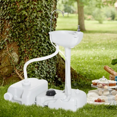 Outsunny Fregadero Portátil Lavamanos para Actividades al Aire Libre o Camping con Tanques de Recuperación de Agua 17 L Dispensador de Jabón Y 2 Ruedas HDPE 83x50x103 cm Gris Claro