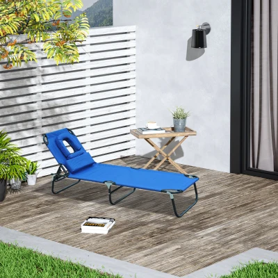 Outsunny Tumbona Plegable con Respaldo Regulable en 4 Posiciones Tumbona de Jardín con Almohada Marco Metálico y Tela Oxford para Camping Playa Terraza Carga 120 kg 190x56x28 cm Azul