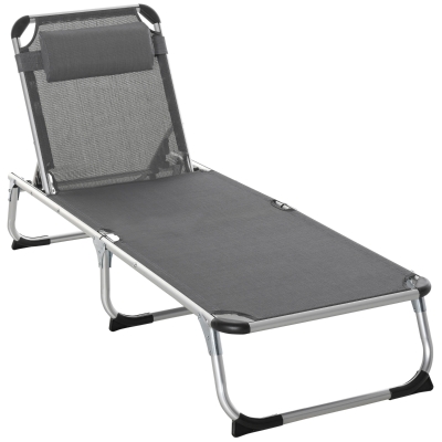 Outsunny Tumbona Plegable Reclinable de Aluminio con Reposacabezas Extraíble y Respaldo Transpirable Ajustable en 4 Posiciones para Jardín Terraza Camping Exterior 165x60x76 cm Gris