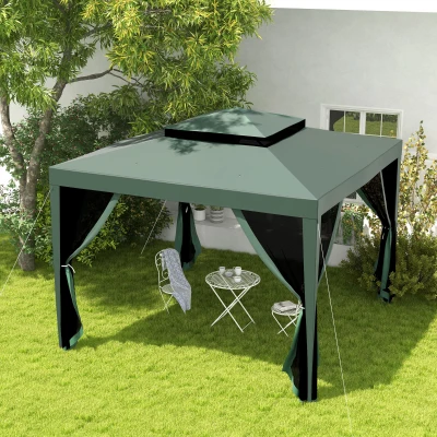 Outsunny Carpa de Jardín 3x3 m Cenador Gazebo con 4 Mosquiteras Laterales Techo Doble 8 Orificios de Drenaje Marco de Metal Verde