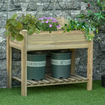 Outsunny Huerto Urbano de Madera con Estante 91x51x76 cm Mesa de Cultivo Rectangular con Orificios de Drenaje para Cultivos Plantas Jardín Terraza Exterior Color Natural