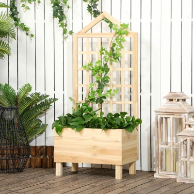 Outsunny Jardinera de Madera con Enrejado con Tela no Tejida y 2 Orificios de Drenaje para Cultivos Verduras 60x43x147 cm Natural