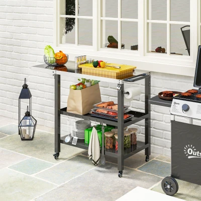 Outsunny Carrinho Auxiliar para Barbecue de 3 Níveis Carrinho de Serviço com Rodas Prateleira Bancada de Aço  116x50x86 cm Preto