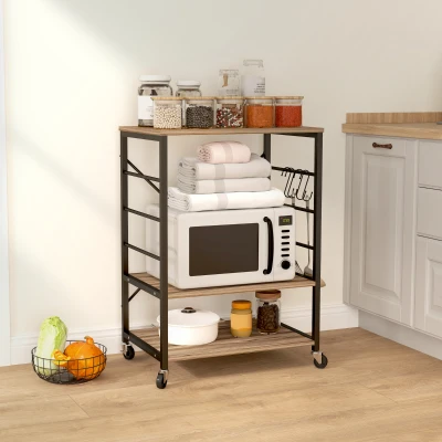 HOMCOM Scaffale da Cucina 3 Livelli con Ruote e 4 Ganci Teak