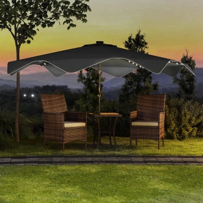 Outsunny Sombrilla de Jardín Manual Ø292x248 cm con 32 Luces LED Solares 8 Varillas Impermeable y Rejillas de Ventilación Gris