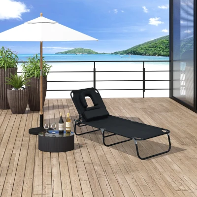 Outsunny Tumbona de Jardín con Respaldo Ajustable en 4 Niveles Almohada Marco de Acero y Orificio de Lectura 190x56x28 cm Negro