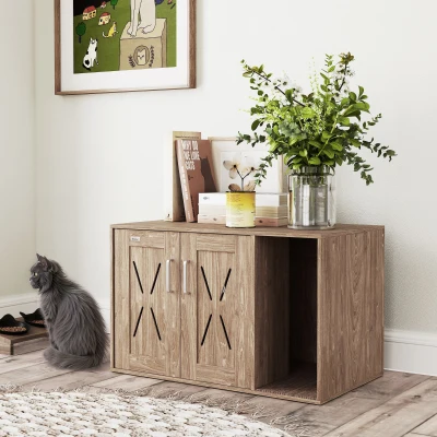 PawHut Móvel Caixa de Areia para Gatos 3 em 1 com Portas Tapete para Arranhar e Compartimento p 80x48x50,5 cm Castanho