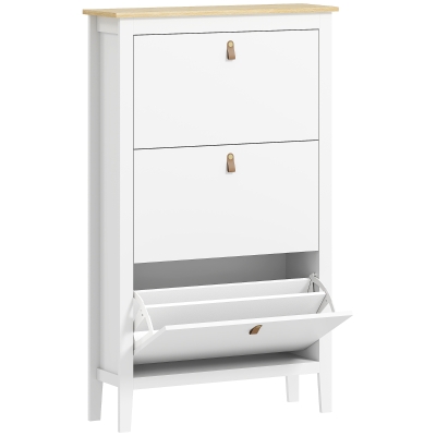 HOMCOM Zapatero Estrecho con 3 Compartimentos y Tiradores de Cuero PU para Pasillos y Recibidores 80x24x131 cm Blanco y Madera