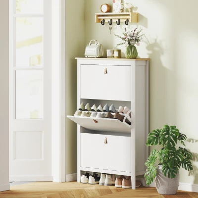 HOMCOM Zapatero Estrecho con 3 Compartimentos y Tiradores de Cuero PU para Pasillos y Recibidores 80x24x131 cm Blanco y Madera