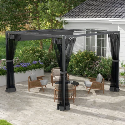 Outsunny Aluminium Pergola 3x3m Retractable Roof Dark Grey