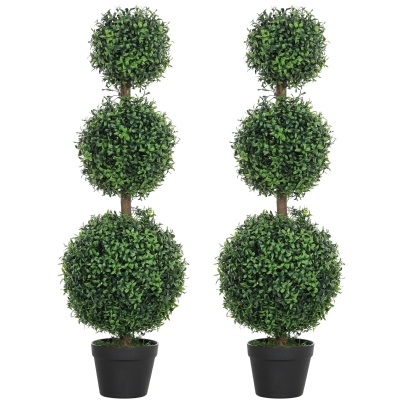 HOMCOM Set of 2 Decorative Artificial Trees, Topiary Ball-shaped Boxwood Trees in Pot, Fake Plants for Home Indoor outdoor Decor, 100cm, Green