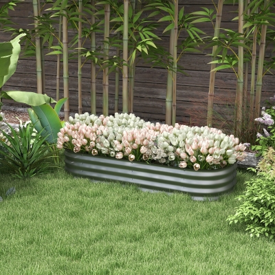Outsunny Houten plantenbak, modulair verhoogd bed, beschermde randen, bodemloos ontwerp, 150 x 62 x 30 cm, zilver