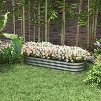 Outsunny Houten plantenbak, modulair verhoogd bed, beschermde randen, bodemloos ontwerp, 150 x 62 x 30 cm, zilver