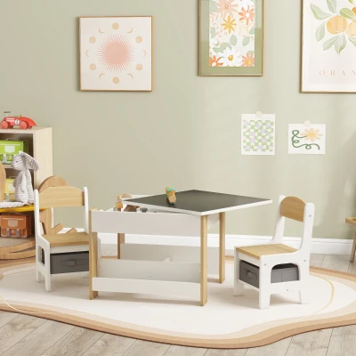 HOMCOM Juego de Mesa con Sillas para Niños 2 en 1 con Pizarra Cajones de Tela y Espacio de Almacenamiento Blanco y Natural