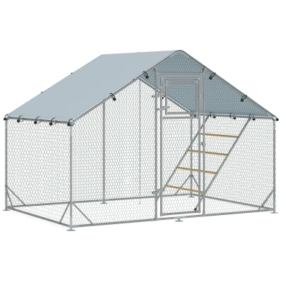 PawHut Închisoare pentru găini de 6m² pentru 6-8 animale cu acoperiș impermeabil, hrănitoare și stinghie, 3x2x1.9m, argintiu