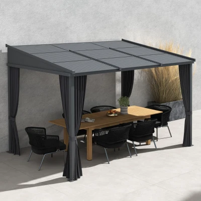 Outsunny Pergola 3,65m x 2,55m paviljoen met schuifdak, grijze gordijnen