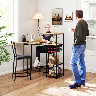HOMCOM 3-delige Bartafelset, 1 Bartafel, 2 Stoelen, met Wijnrek, Glazenhouder, Open Planken, Voetensteunen, Bruin
