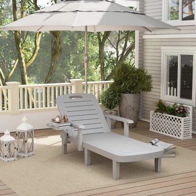 Outsunny Sonnenliege Gartenliege mit Seitentisch Holzoptik Liegestuhl mit 5-Fach verstellbare Rückenlehne Hellgrau