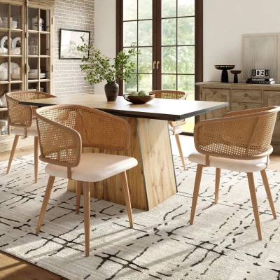 Ensemble de 4 chaises de salle à manger avec dossier en rotin, Beige Brown