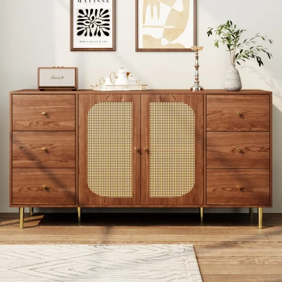 Credenza in rattan con cassetti, Marrone