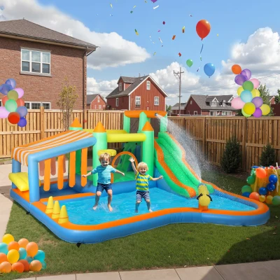 AIYAPLAY Hüpfburg für Kinder, mit Wasserrutsche, Planschbecken, Kletterwand, für drinnen und draußen, 416 x 370 x 195 cm, Bunt