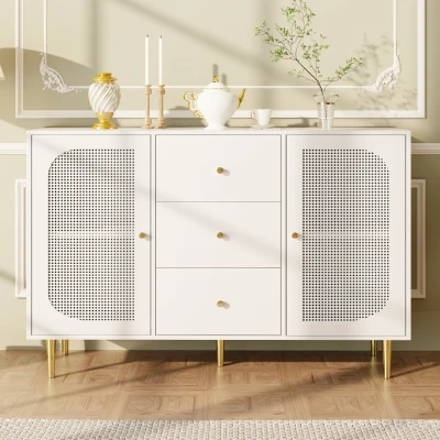 Credenza da pranzo in rattan PE con cassetti, Bianco