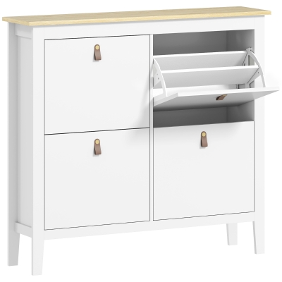 HOMCOM Zapatero Estrecho con 4 Compartimentos y Tiradores de Cuero PU para Pasillo y Recibidor 105x24x95,5 cm Blanco y Madera