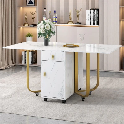 Tavolo da cucina versatile e pieghevole con ruote, Bianco+Oro