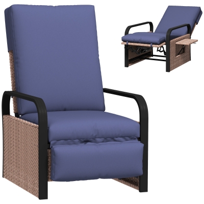 Outsunny Rattan Reclining Lounge Chair with Cushion Brown/Blue