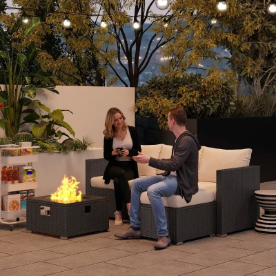 Outsunny Five Piece Rattan Garden Furniture Set with Gas Fire Pit Table and Footstool - Black and Cream White