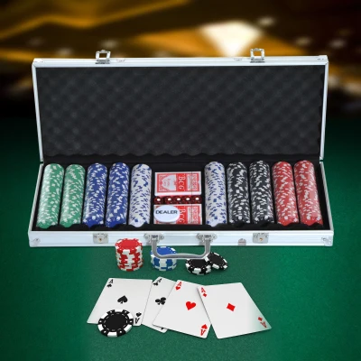 HOMCOM Maletín de Poker Profesional de Aluminio con 500 Fichas Juego Set de Poker Casino con 5 Dados 2 Barajas de Cartas y 1 Ficha de Crupier 55,5x22x6,5 cm Multicolor
