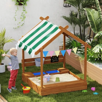 Outsunny Sandkasten mit Sonnenschutz, Spielhaus-Design, mit Spielzeug-Set, behandeltes Massivholz, 124 x 116 x 146 cm, Grün