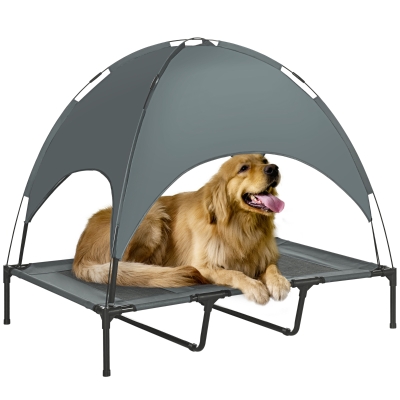 PawHut Erhöhtes Hundebett mit Baldachin, Haustierbett, Hundeliege outdoor mit Dach, Atmungsaktiv, Taftstoff für Camping Grau 122 x 92 x 108 cm