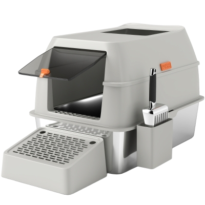 PawHut Caixa de Areia para Gatos Fechada de Aço Inoxidável com Abertura de Saída e Pá 60,2x40,5x40,5 cm Cinza Claro