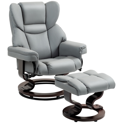 HOMCOM Faux Leather Recliner Chair & Footstool Light Grey