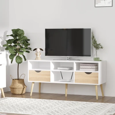 HOMCOM Mueble de TV para Televisiones 50”Mesa para TV de Salón Comedor Moderna con 2 Cajones y 4 Compartimentos Patas de Madera Antivuelco 117x39x57 cm Blanco y Madera Natural