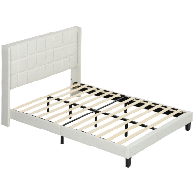 HOMCOM Cama 135x190 cm Estrutura de Cama com Cabeceira Estofada em Linho e Espaço de Armazenamento Debaixo da Cama Bege