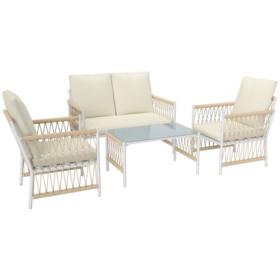 Outsunny 4 Piece Rattan Garden Furniture Set, 4 Seater Wicker Patio Conversation Set with 2 Armchairs, Loveseat, Glass Top Coffee Table and Cushions for Outdoor, Balcony, Khaki