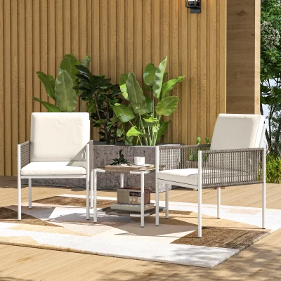 Outsunny Conjunto de Jardim de 3 Peças com 2 Cadeiras e Mesa de Vime com Almofadas e Bancada de Vidro Marrom Acinzentado e Creme