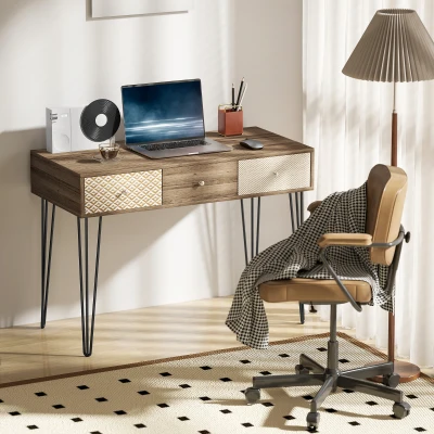 HOMCOM Escritorio Boho-Chic con Cajones Patas Horquilla y Encimera Espaciosa para Oficina Dormitorio Tocador 105x50x75cm Madera