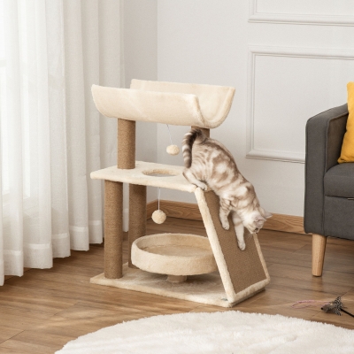 PawHut Arranhador para Gatos Altura 76 cm com 4 Postes de Arranhar Cama Plataforma em U Almofada para Arranhar Bege