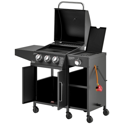 Outsunny 3+1 Burner Gas BBQ Grill with Cabinet Black