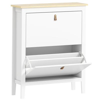 HOMCOM Zapatero Estrecho con 2 Compartimentos y Tiradores de Cuero PU para Pasillos y Recibidores 80x24x95,5 cm Blanco y Madera