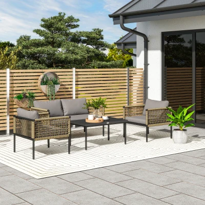 Outsunny Conjunto de Jardim de Vime Sintético de 4 Peças Inclui 1 Sofá Duplo 2 Cadeiras e Mesa de Centro com Almofadas Madeira e Cinzento