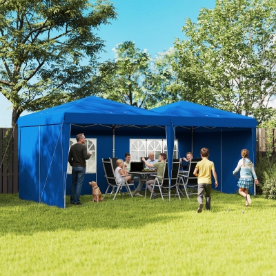 Outsunny Tenda Dobrável 585x295x275 cm com Paredes Laterais Altura Ajustável Bolsa de Transporte e 5 Sacos de Areia Azul